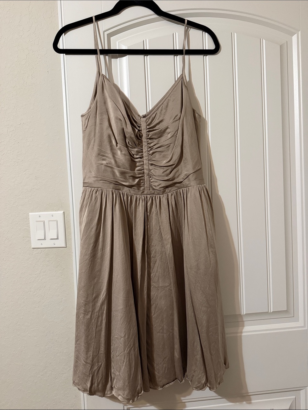 Banana Republic Taupe Ruched V-Neck Spaghetti Strap Mini Dress